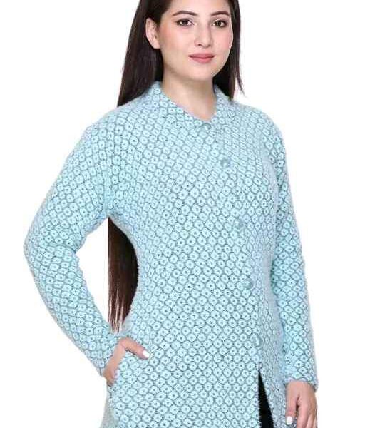 Women's Full Sleeve Pure Wool Long Cardigan Sweater - Self Design